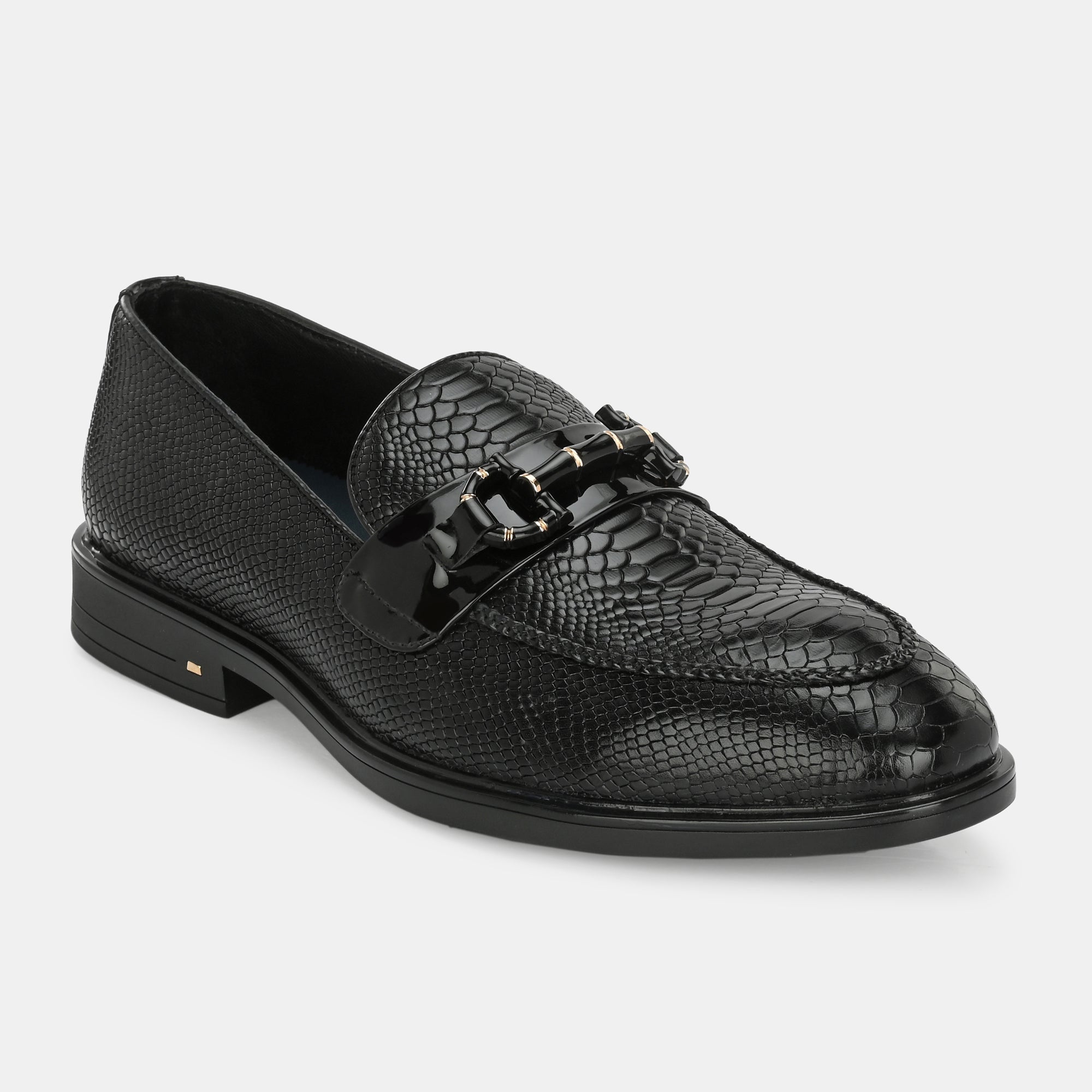 Black Textured Buckled Loafers