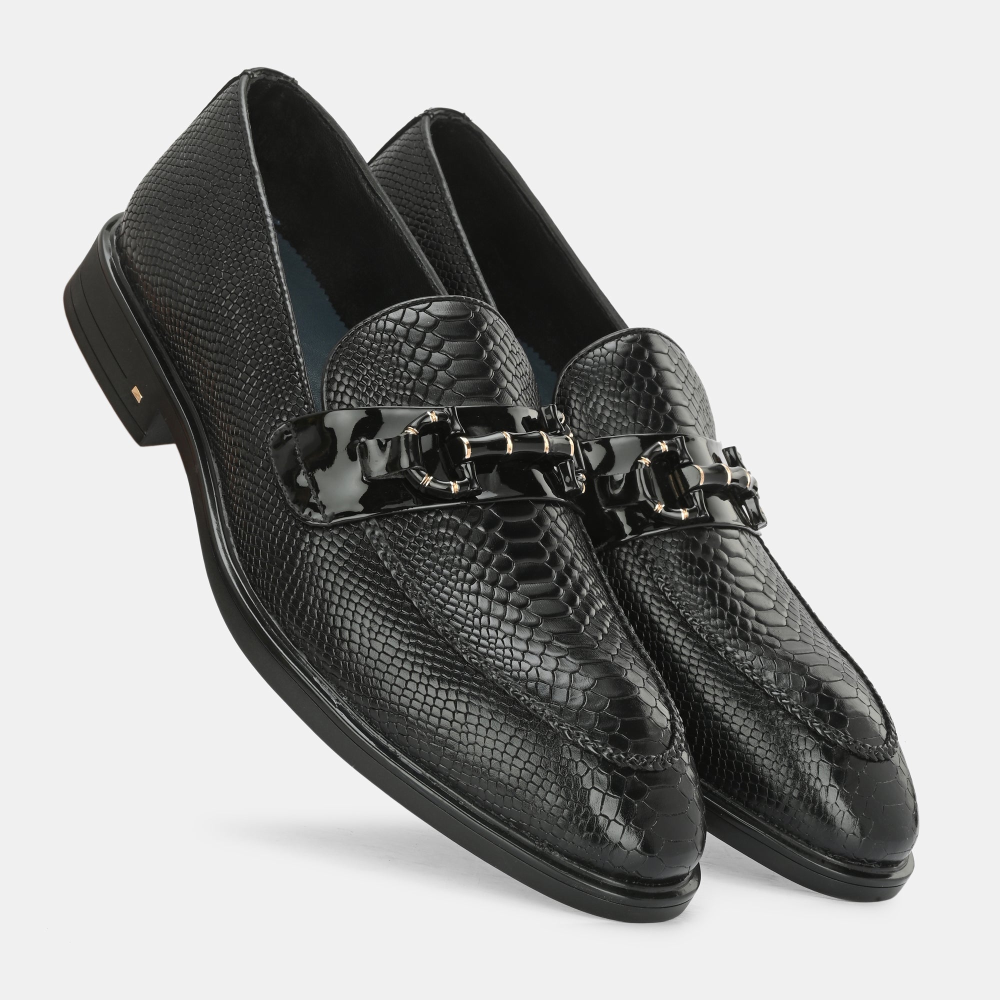 Black Textured Buckled Loafers