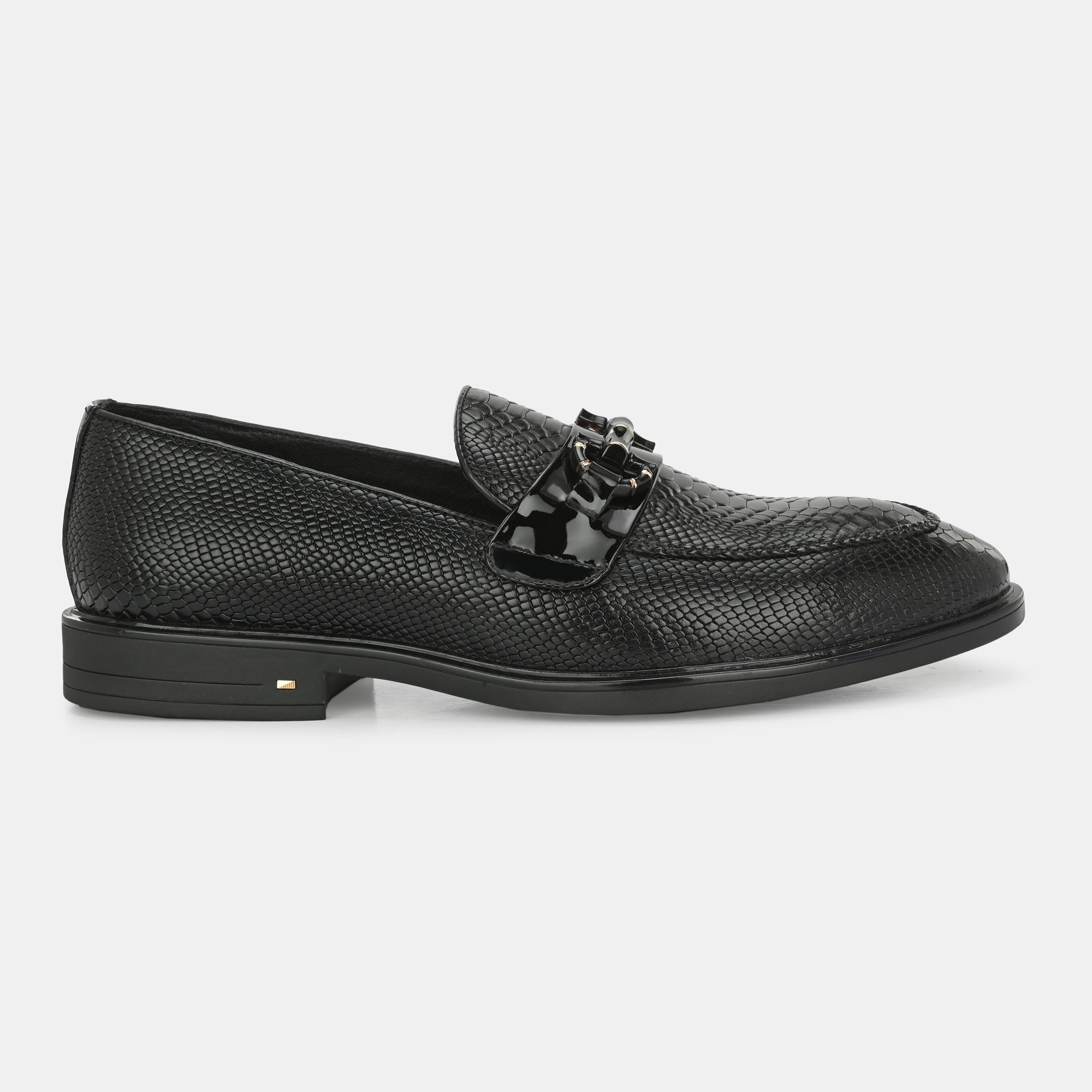 Black Textured Buckled Loafers