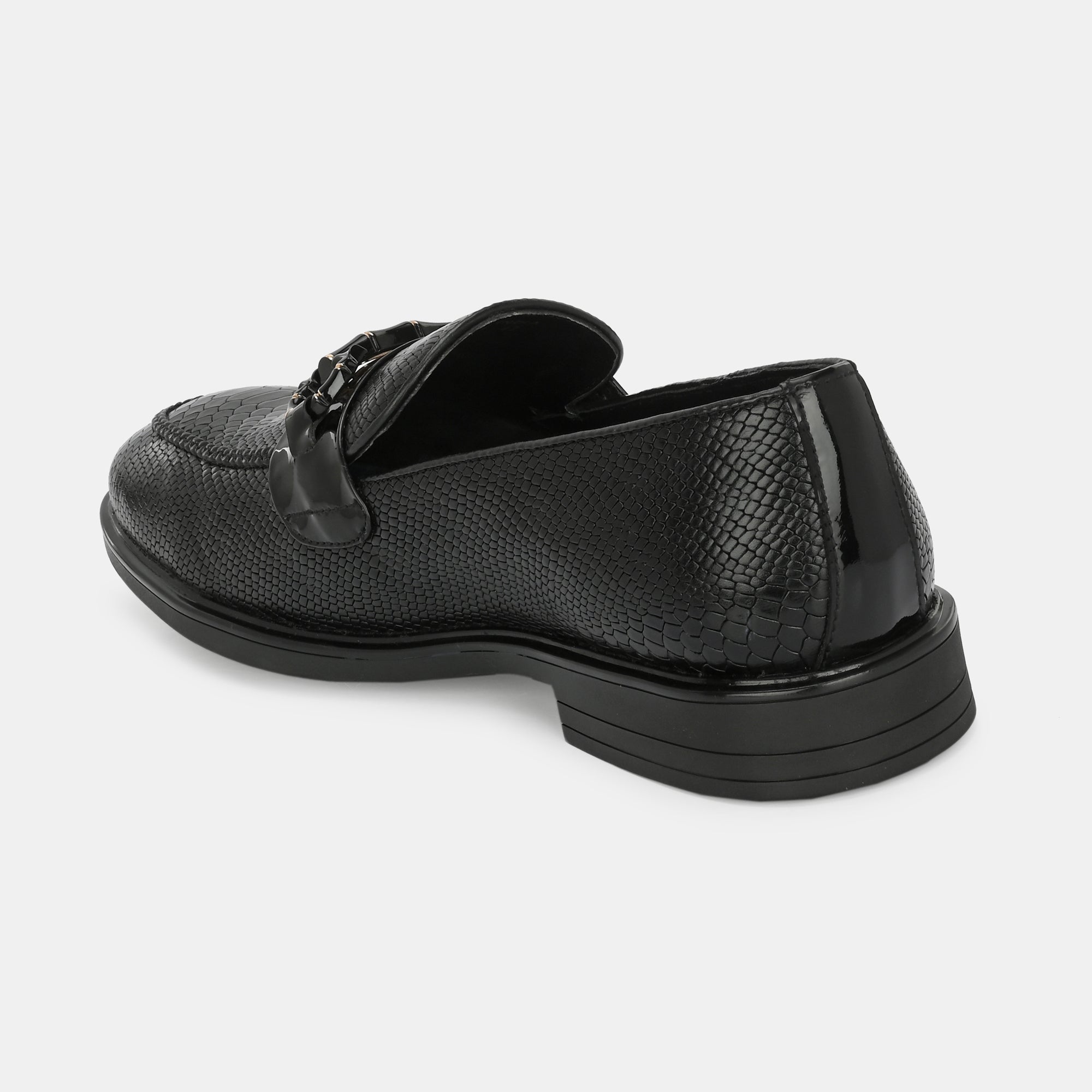 Black Textured Buckled Loafers