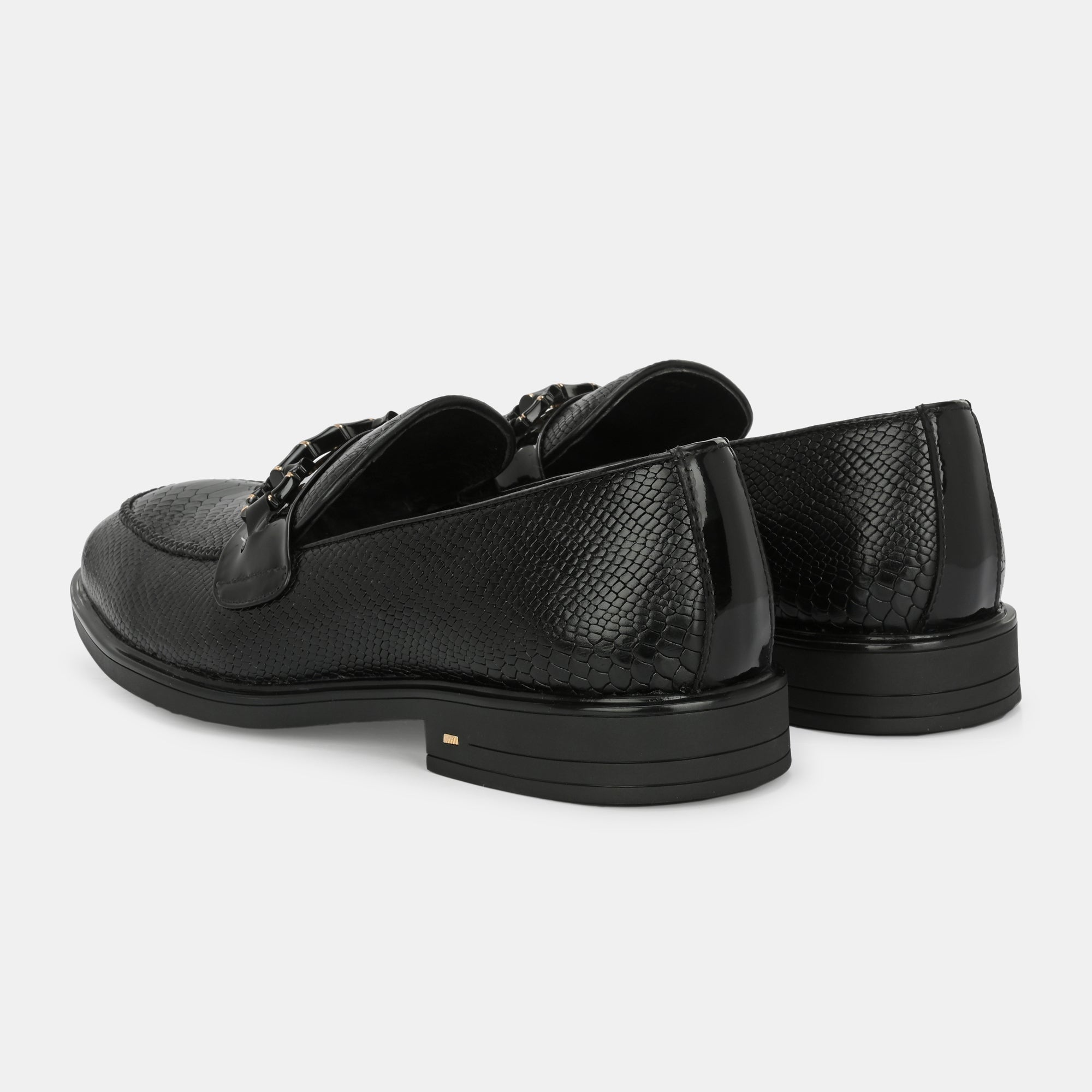 Black Textured Buckled Loafers