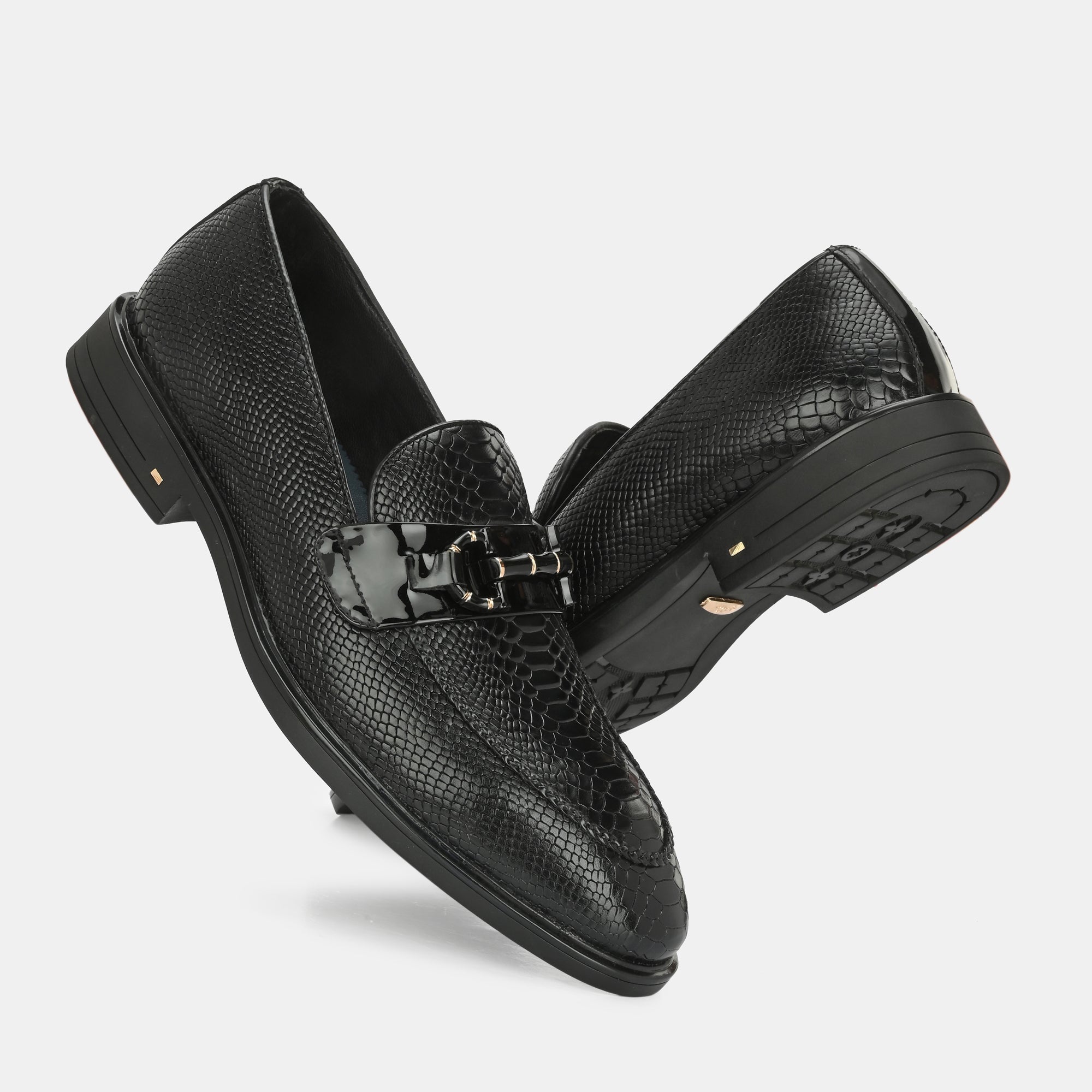 Black Textured Buckled Loafers