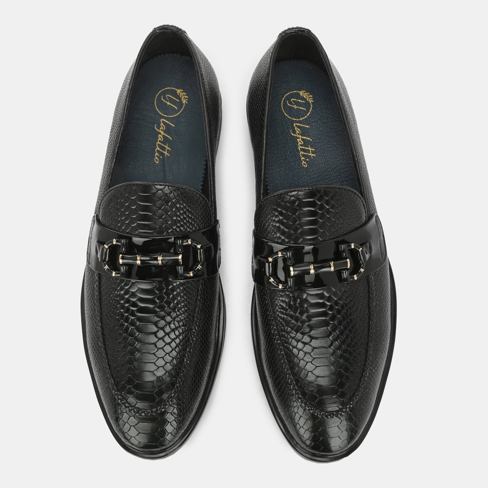 Black Textured Buckled Loafers