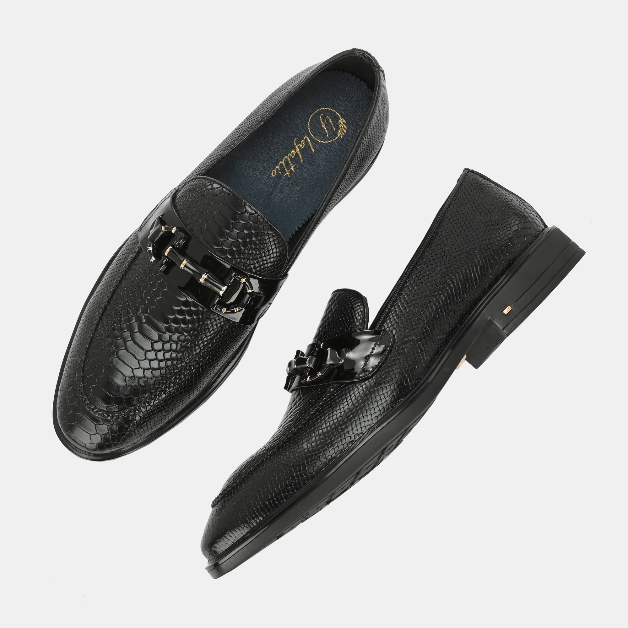 Black Textured Buckled Loafers